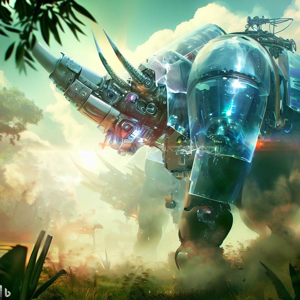 giant future mech rhino with glass body firing guns in jungle, wildlife in foreground, smoke, detailed clouds, lens flare, fish-eye lens 4.jpg